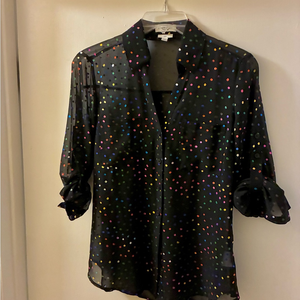 Express Black Sheer Blouse with Colorful Polka Dots
